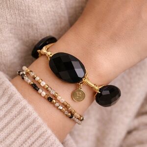 Bourbon & Boweties Black Faceted Stone Gold Wire Wrap Bangle
Bracelet Boho